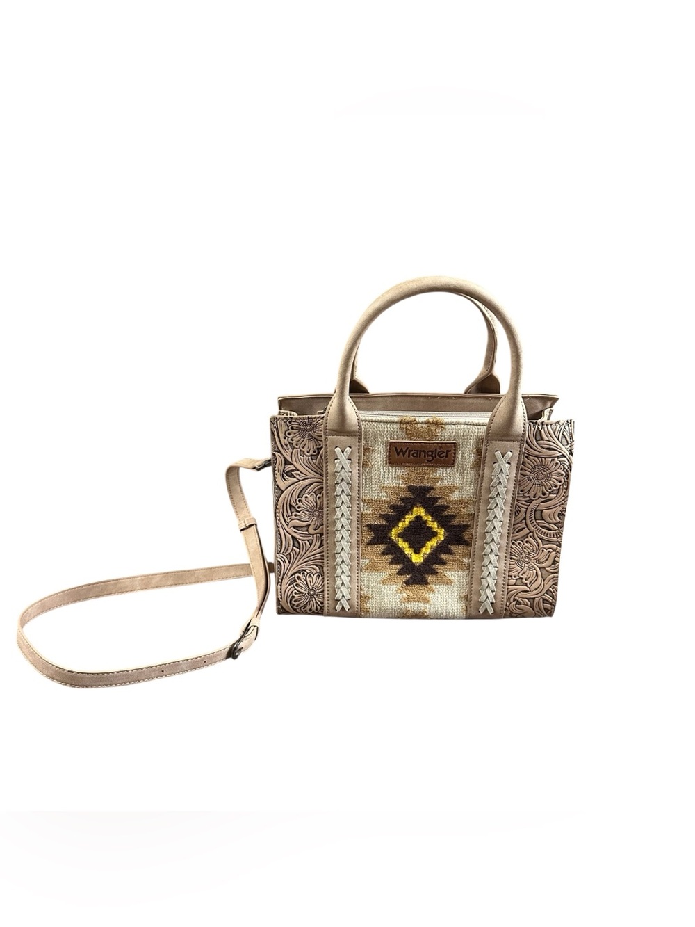 Wrangler Aztec Western Satchel Crossbody Purse Tooled Floral Beige Brown Handbag